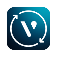Logo with a stylized letter 'V' inside a blue circle with white arrows.